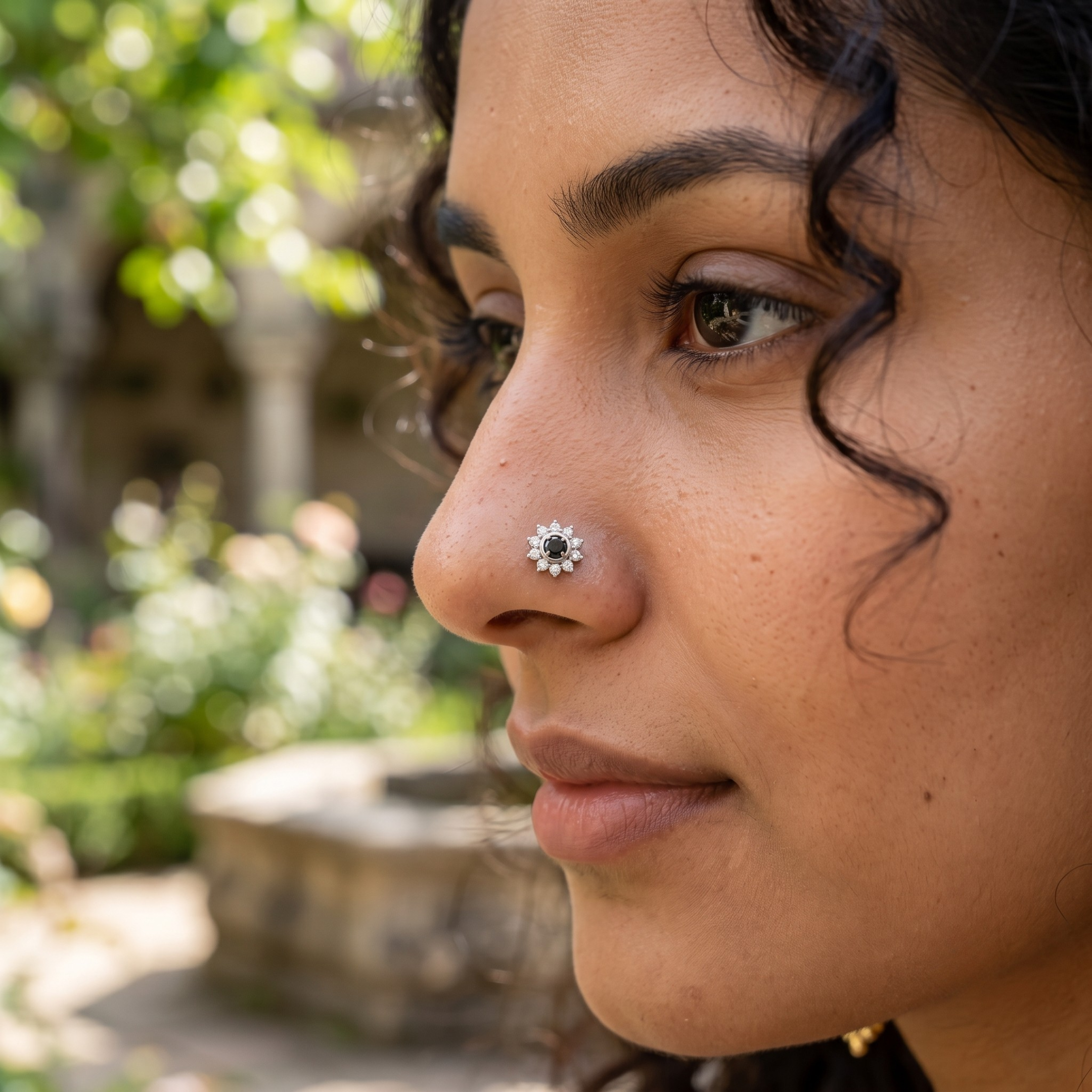 Midnight Sunburst Halo Nose Pin in 925 Sterling Silver