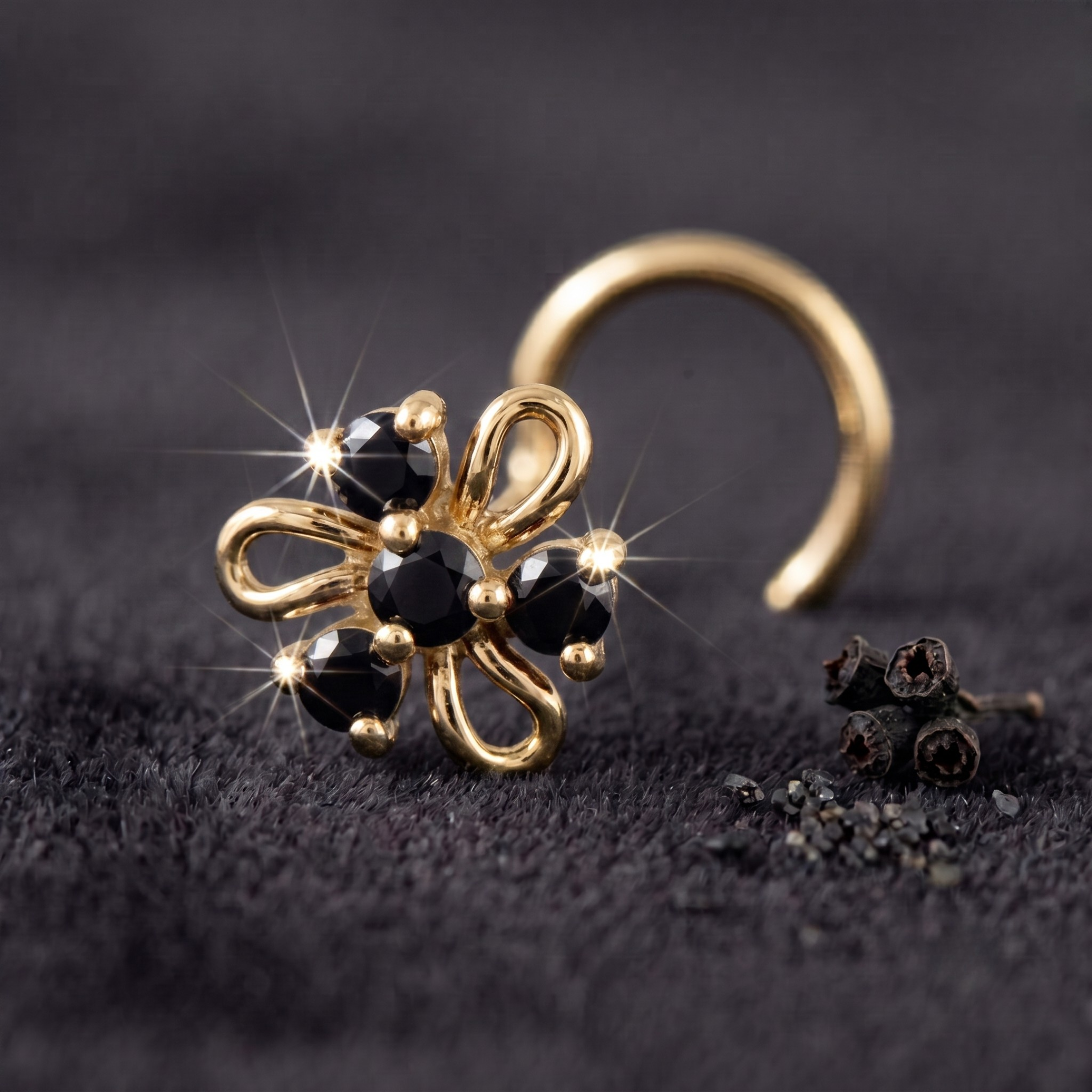 Midnight Swirl Floral Nose Pin in 925 Sterling Silver