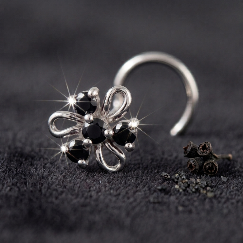 Midnight Swirl Floral Nose Pin in 925 Sterling Silver