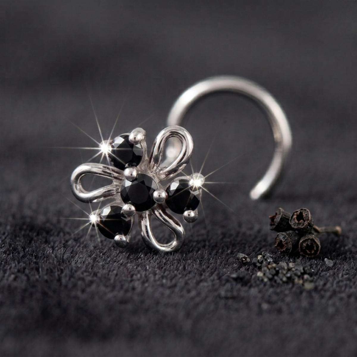 Midnight Swirl Floral Nose Pin in 925 Sterling Silver