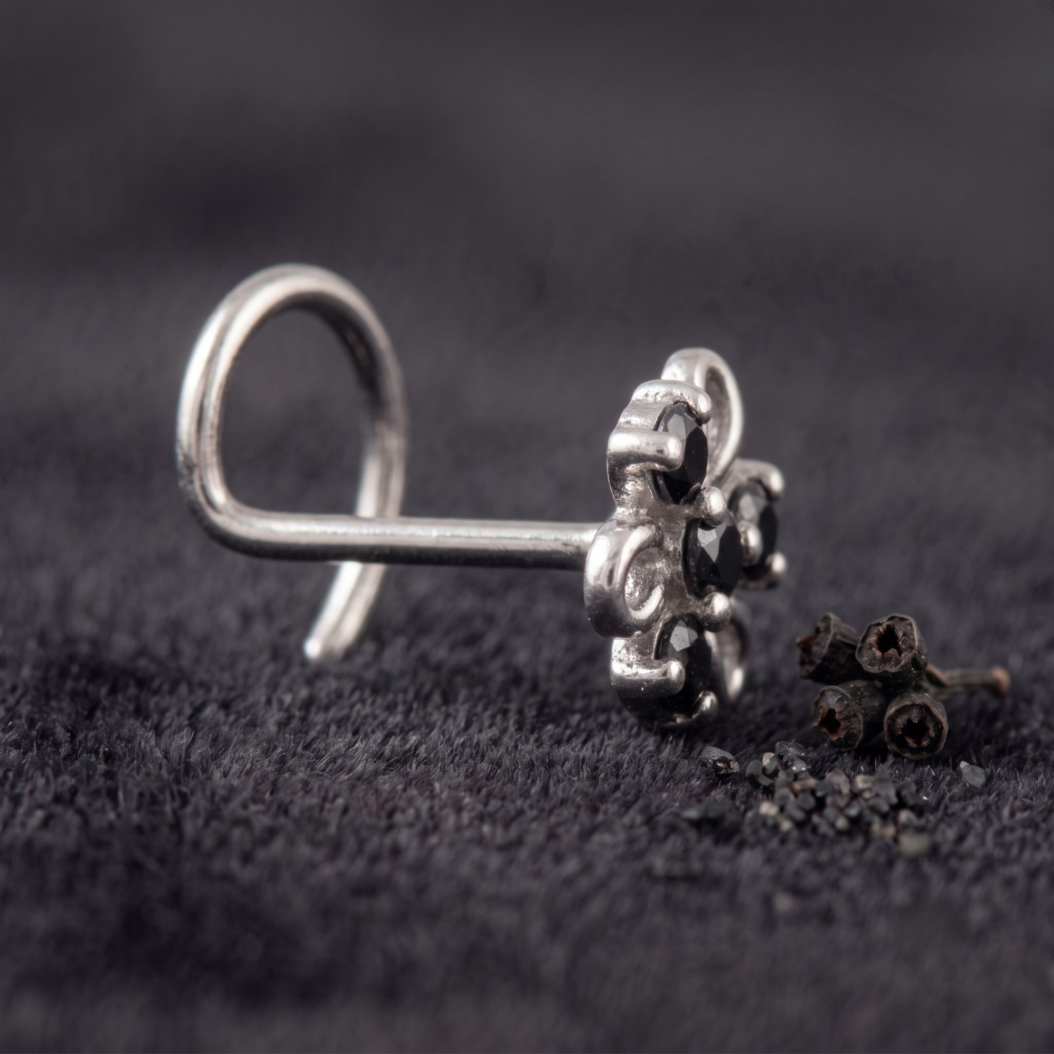 Midnight Swirl Floral Nose Pin in 925 Sterling Silver
