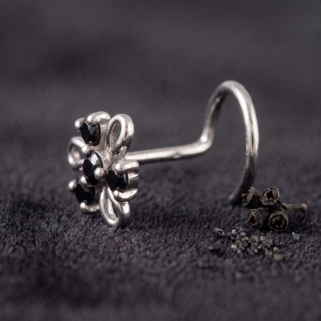 Midnight Swirl Floral Nose Pin in 925 Sterling Silver