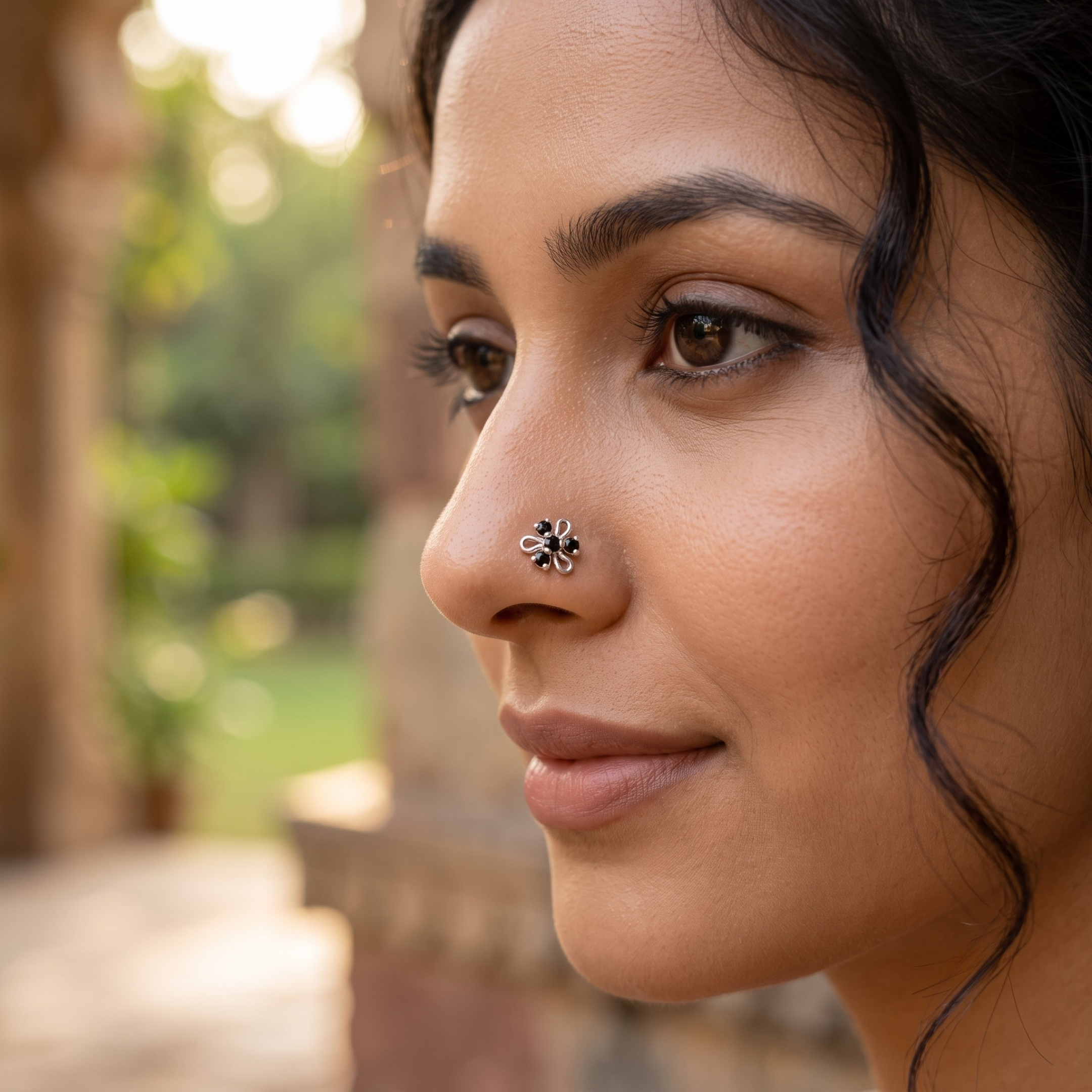 Midnight Swirl Floral Nose Pin in 925 Sterling Silver