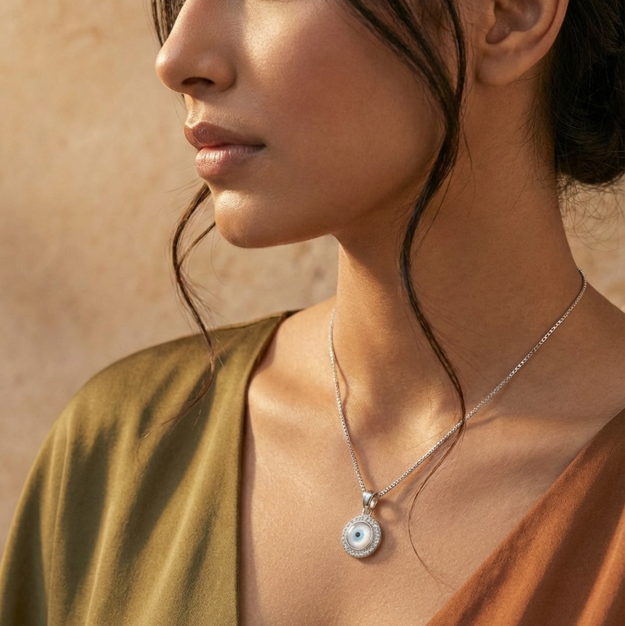 Mystic Round Evil Eye Pendant Necklace – 925 Sterling Silver