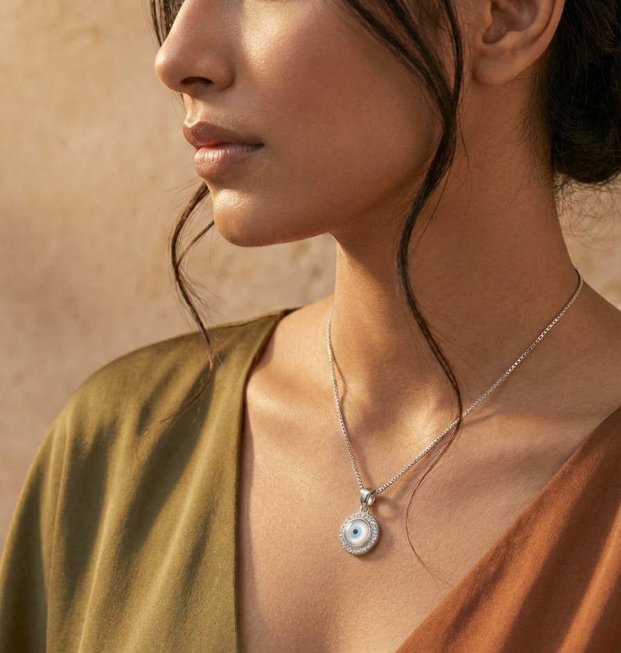 Mystic Round Evil Eye Pendant Necklace – 925 Sterling Silver