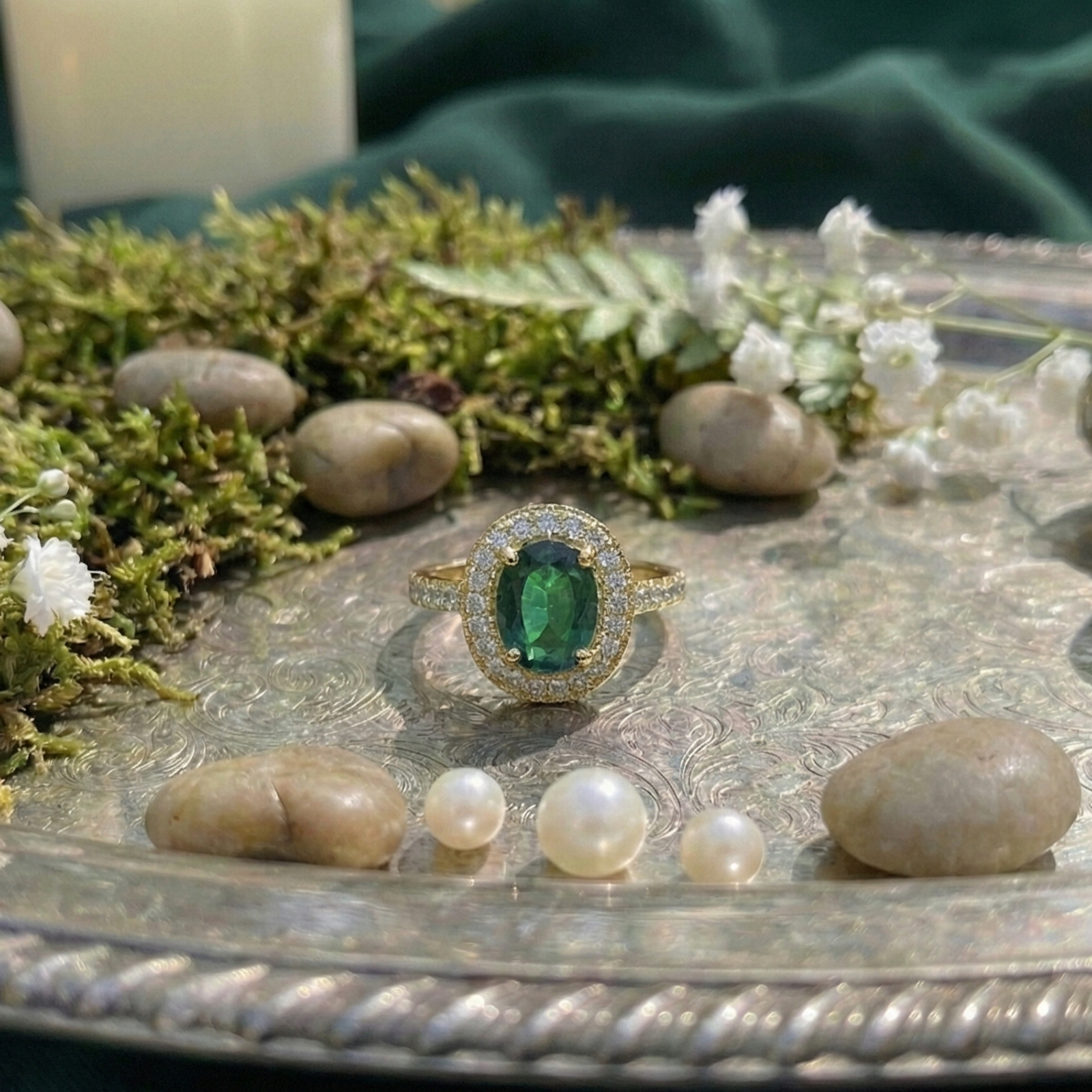 925 Sterling Silver Oval Emerald Halo Adjustable Ring