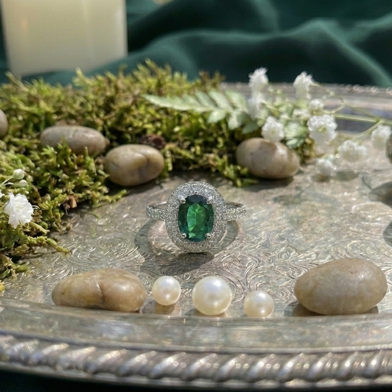 925 Sterling Silver Oval Emerald Halo Adjustable Ring