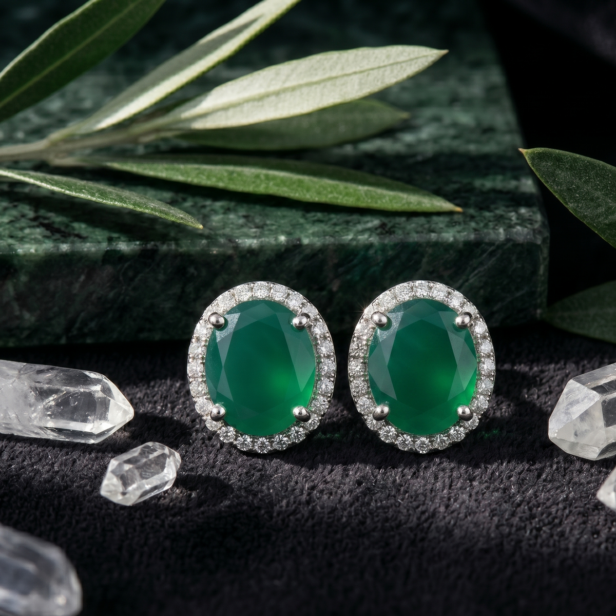 Oval Emerald Green Halo Studs - 925 Sterling Silver
