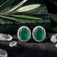 Oval Emerald Green Halo Studs - 925 Sterling Silver