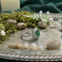 925 Sterling Silver Oval Emerald Halo Adjustable Ring