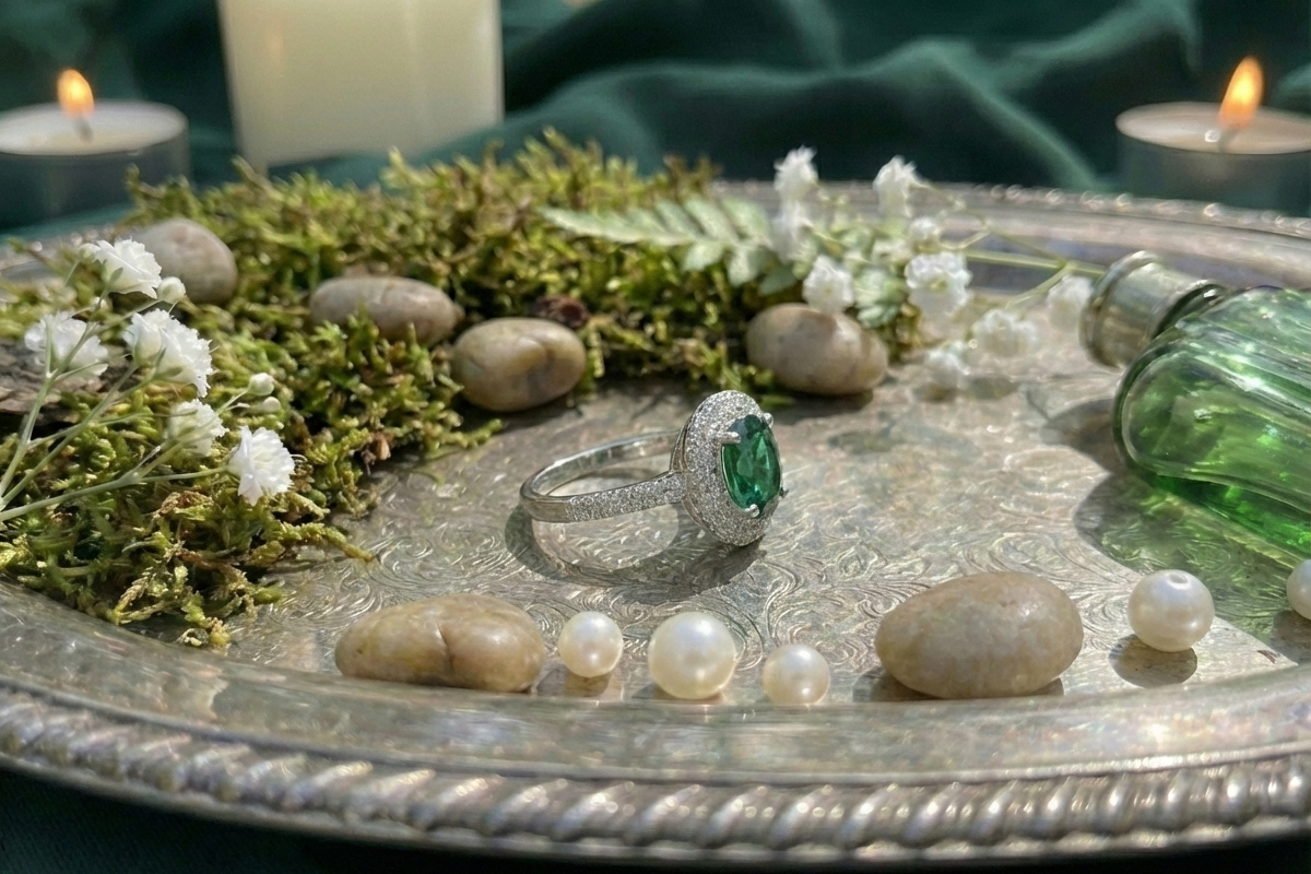 925 Sterling Silver Oval Emerald Halo Adjustable Ring