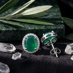 Oval Emerald Green Halo Studs - 925 Sterling Silver