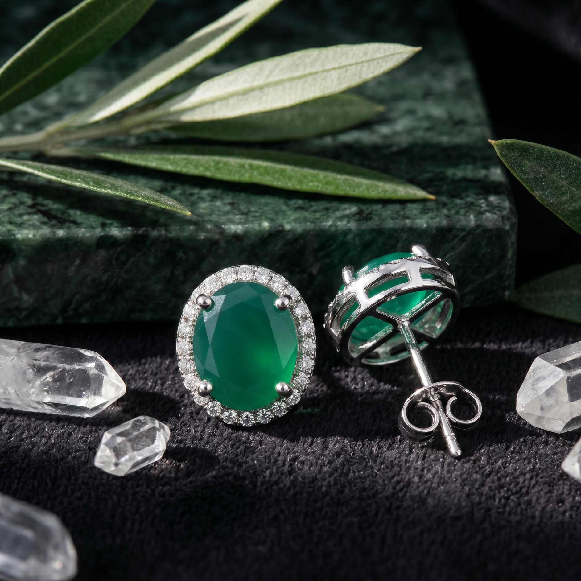 Oval Emerald Green Halo Studs - 925 Sterling Silver