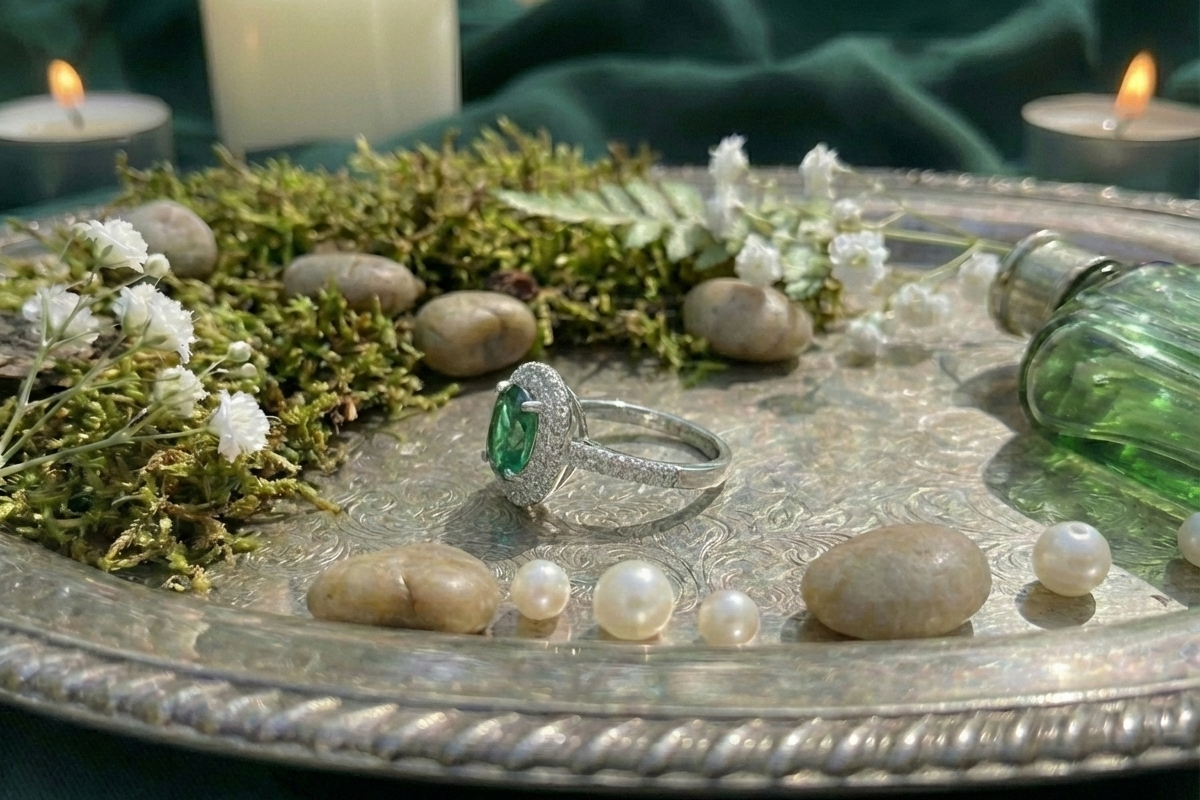 925 Sterling Silver Oval Emerald Halo Adjustable Ring