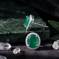 Oval Emerald Green Halo Studs - 925 Sterling Silver