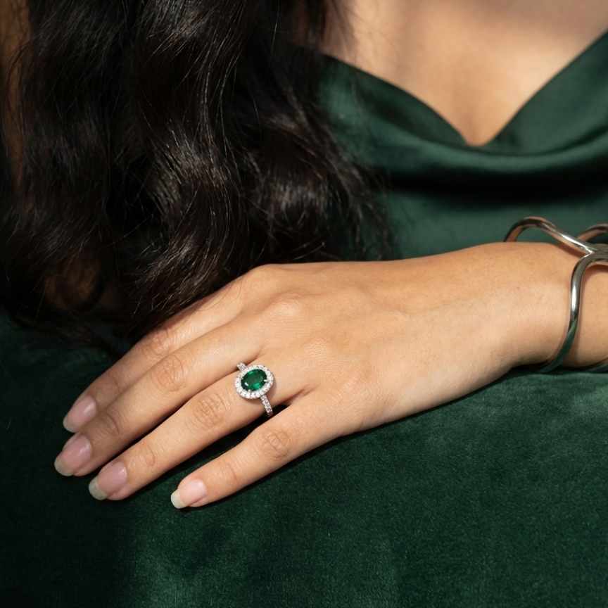 925 Sterling Silver Oval Emerald Halo Adjustable Ring