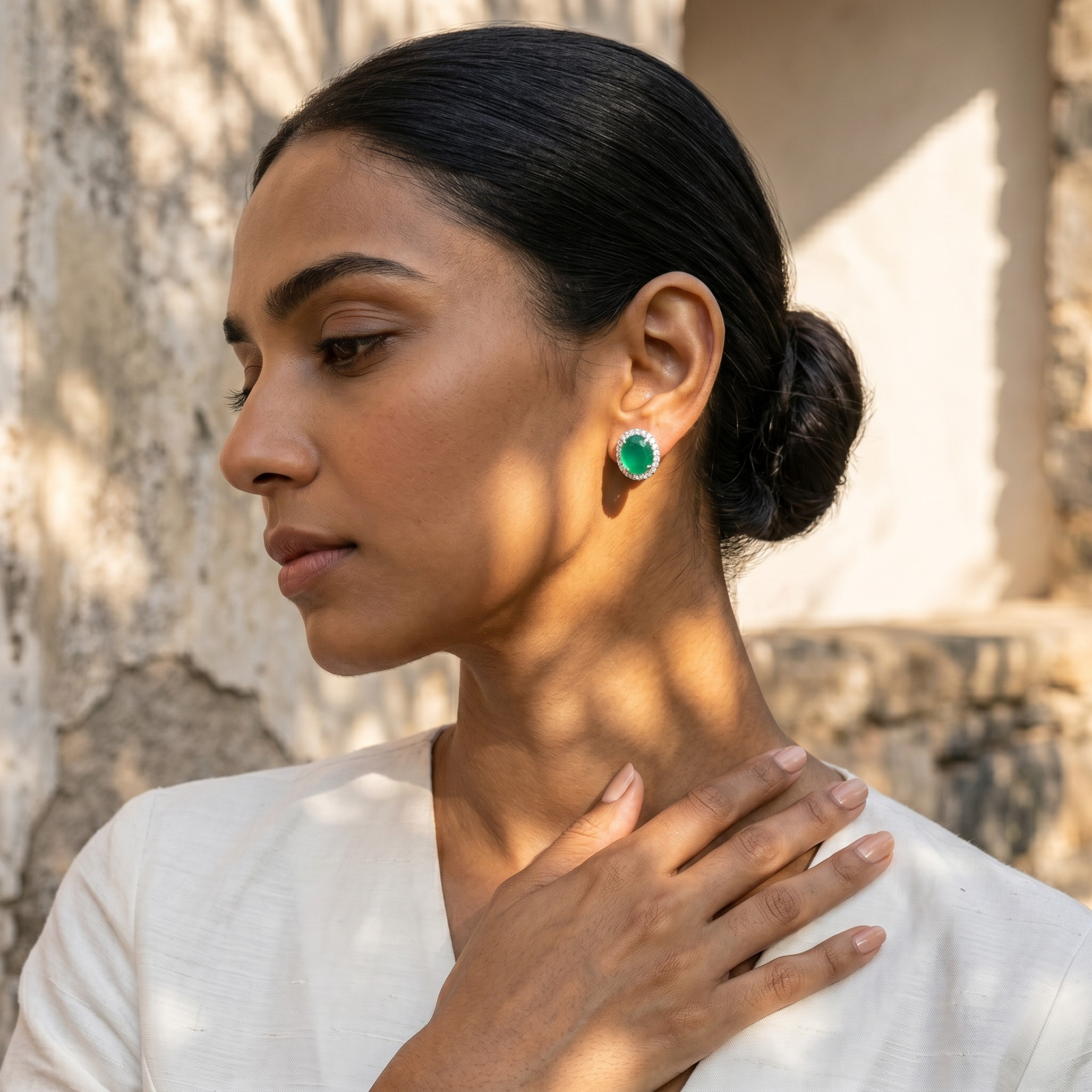 Oval Emerald Green Halo Studs - 925 Sterling Silver