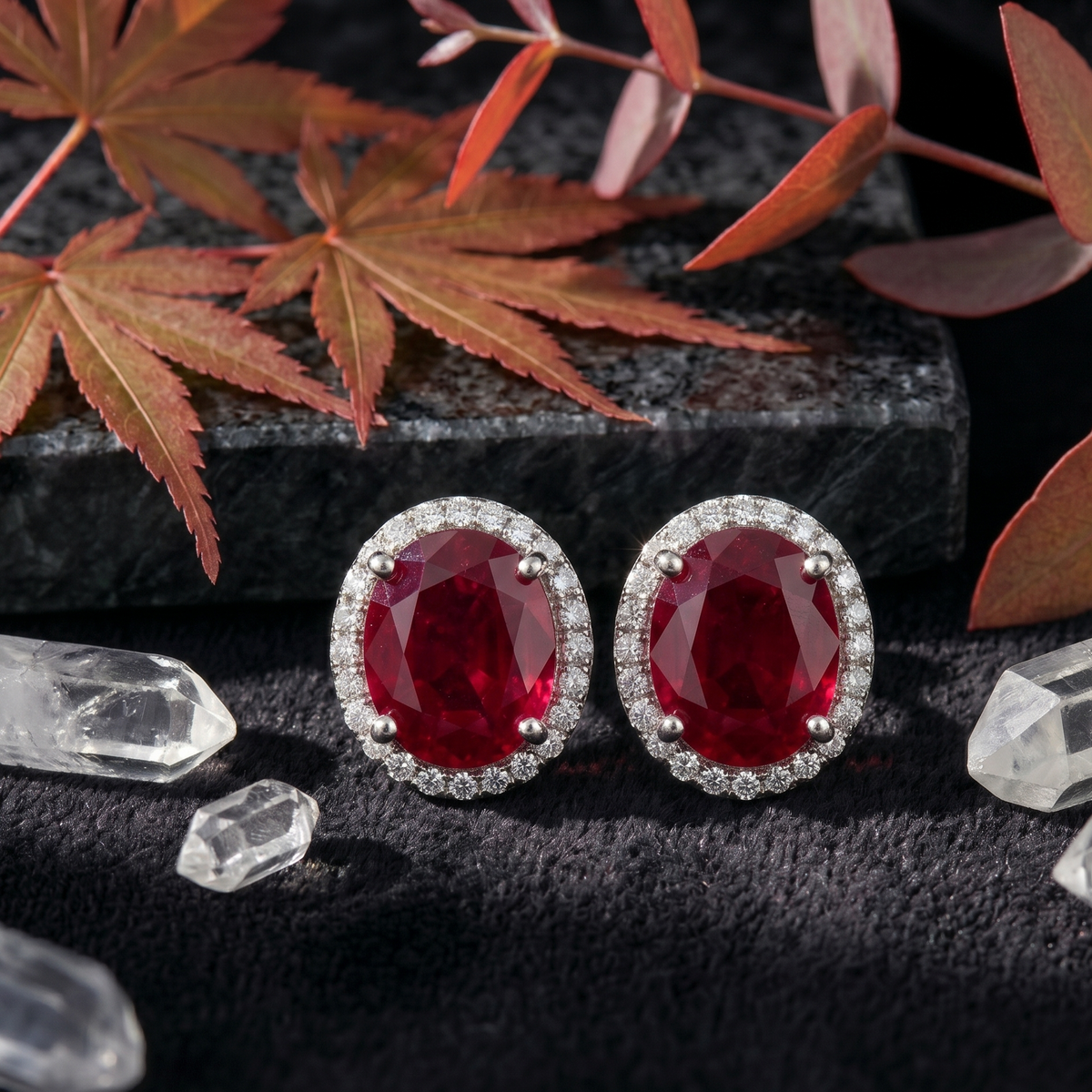 Oval Ruby Red Halo Studs - 925 Sterling Silver