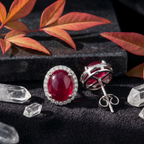 Oval Ruby Red Halo Studs - 925 Sterling Silver