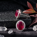 Oval Ruby Red Halo Studs - 925 Sterling Silver