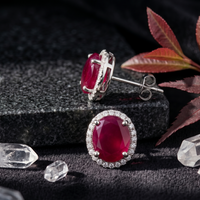 Oval Ruby Red Halo Studs - 925 Sterling Silver