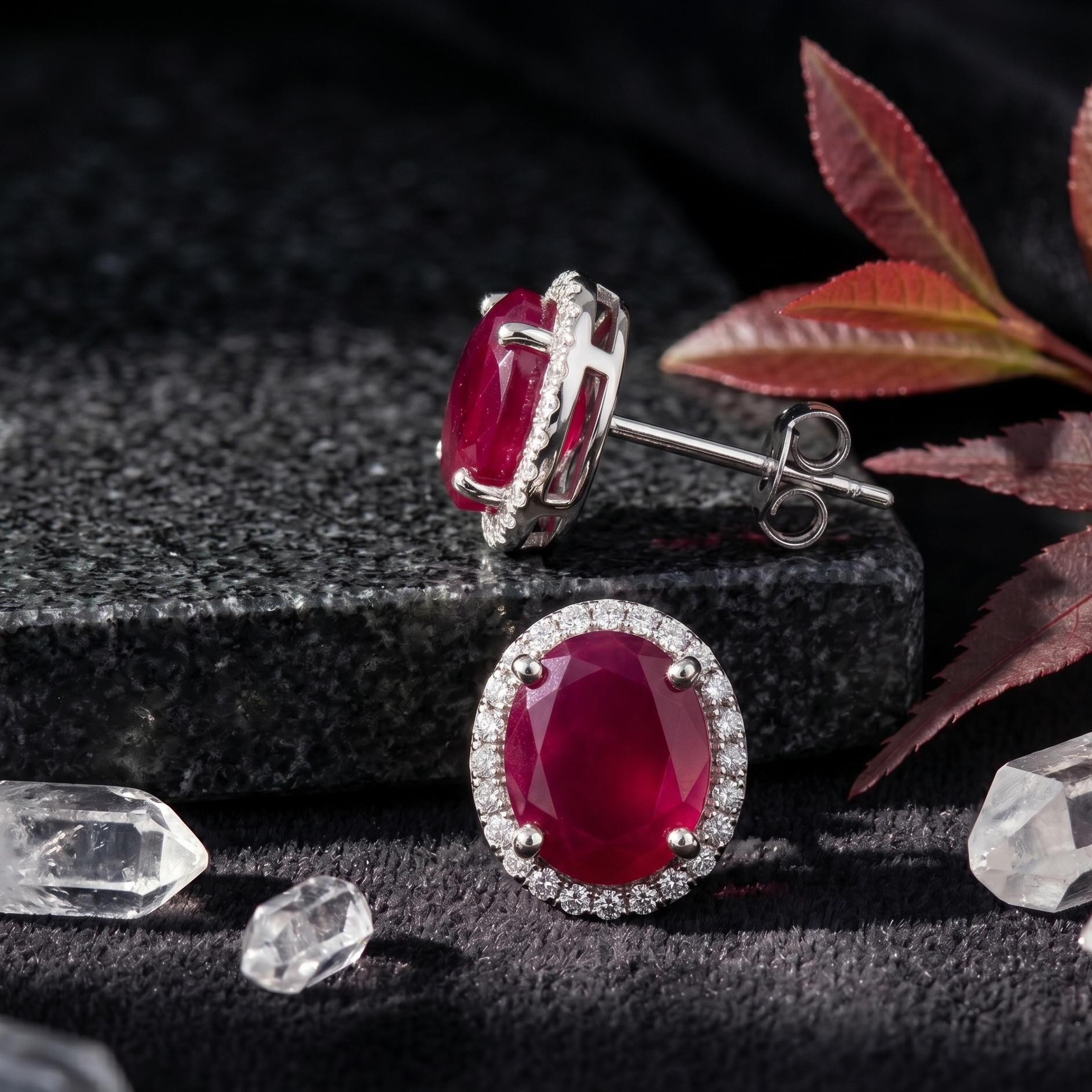 Oval Ruby Red Halo Studs - 925 Sterling Silver