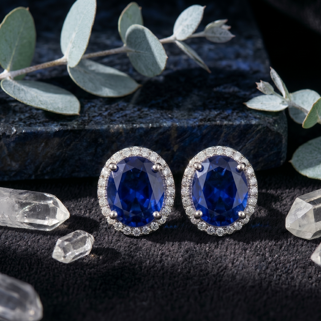 Oval Blue Sapphire Halo Studs - 925 Sterling Silver