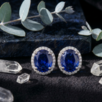 Oval Blue Sapphire Halo Studs - 925 Sterling Silver
