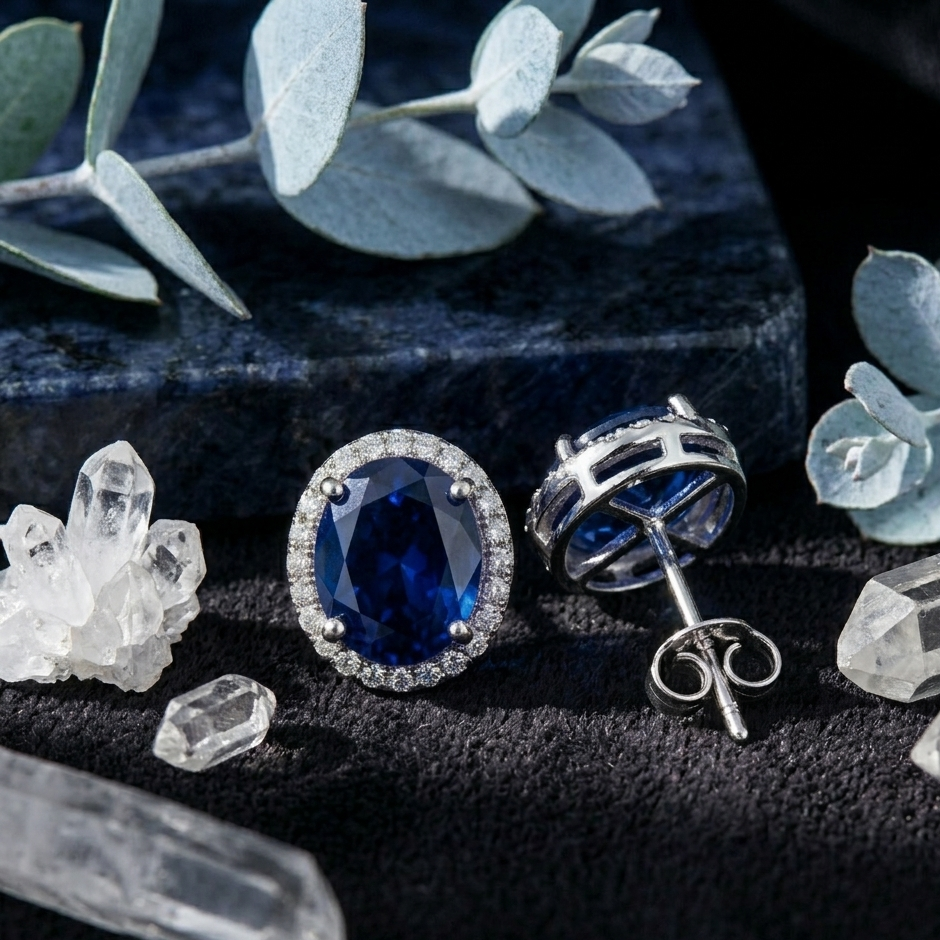 Oval Blue Sapphire Halo Studs - 925 Sterling Silver