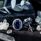Oval Blue Sapphire Halo Studs - 925 Sterling Silver