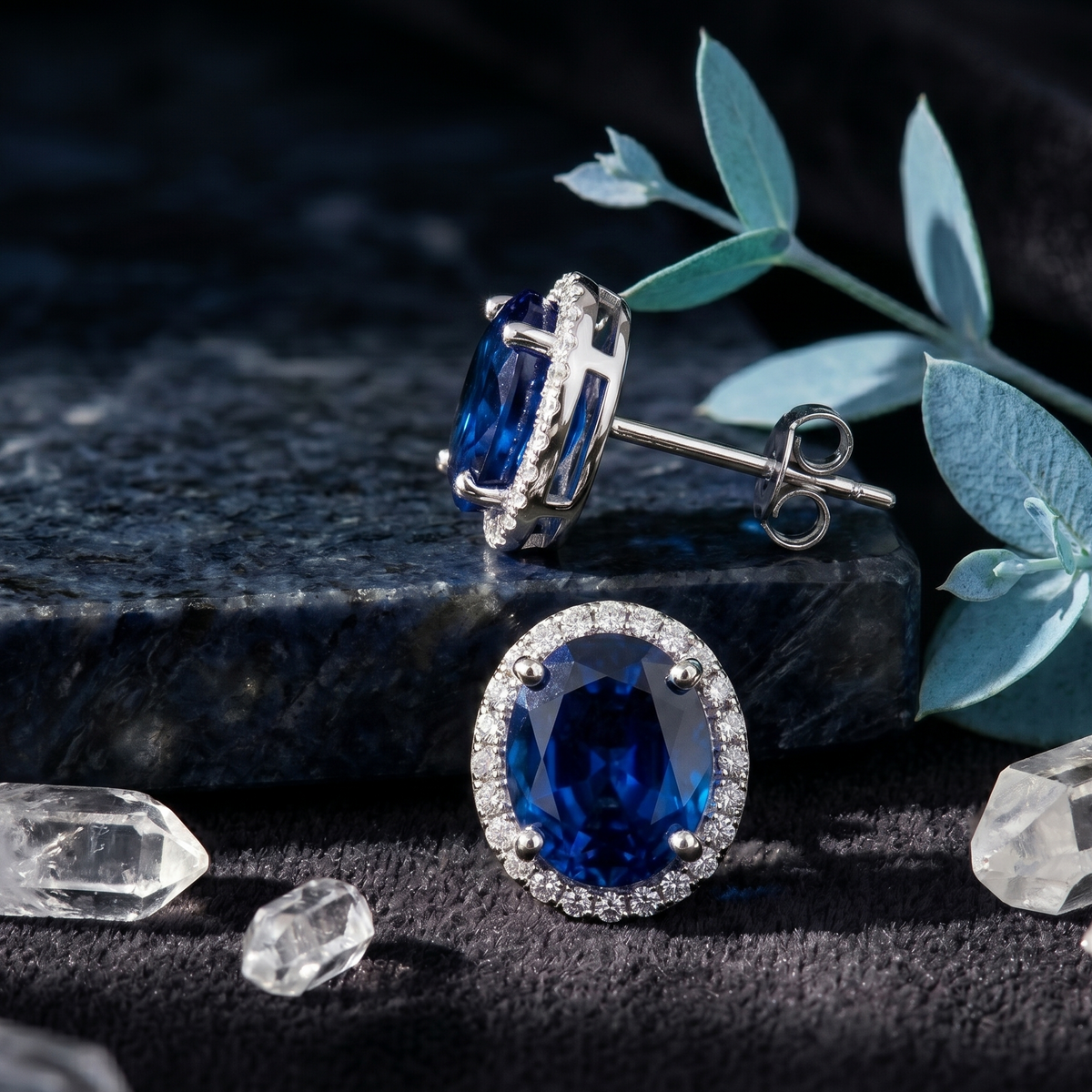 Oval Blue Sapphire Halo Studs - 925 Sterling Silver