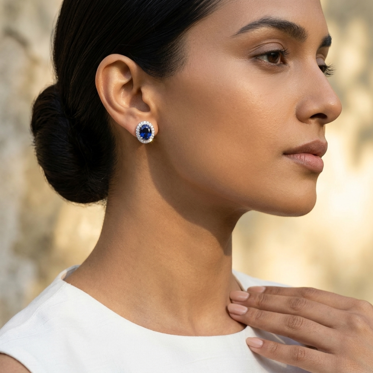 Oval Blue Sapphire Halo Studs - 925 Sterling Silver