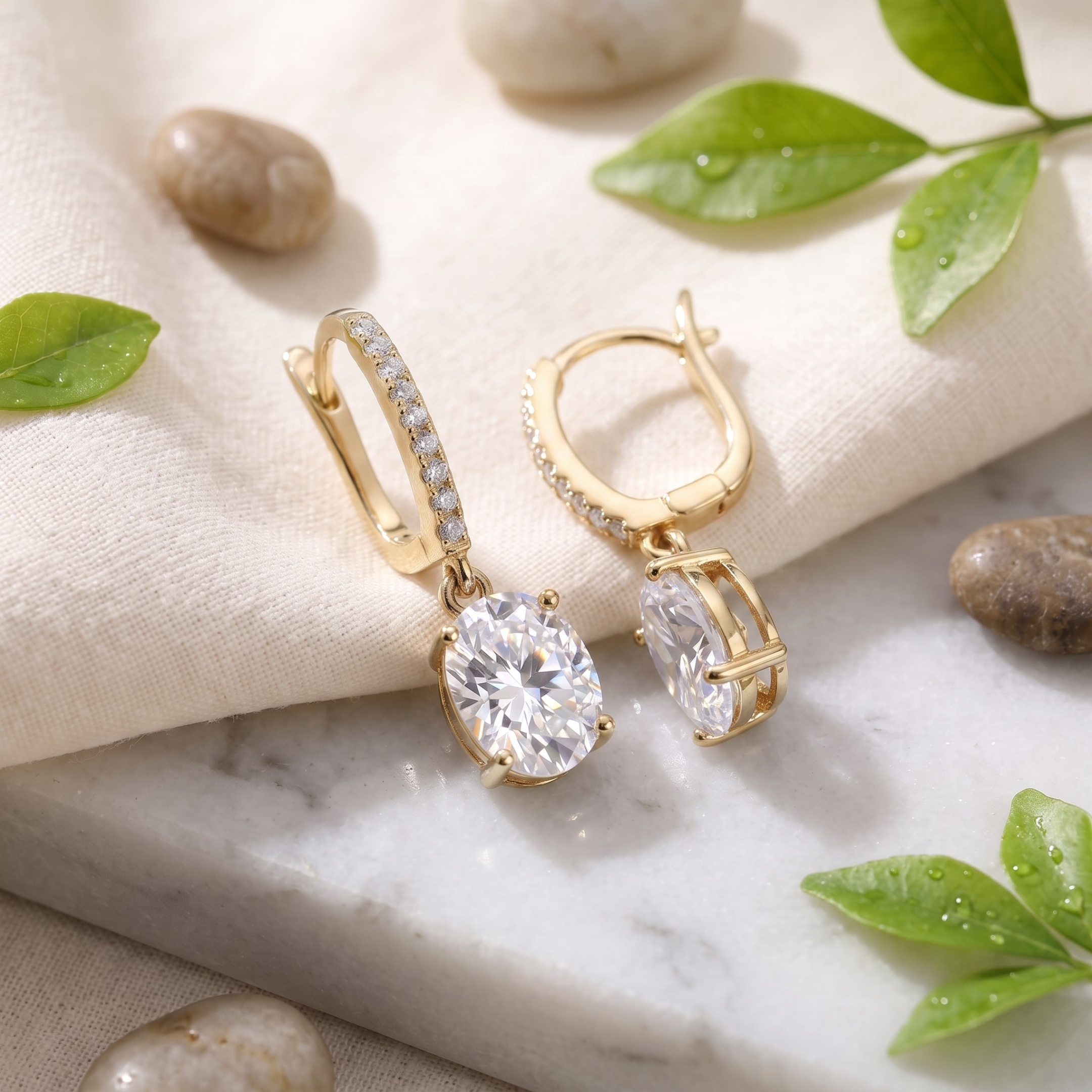 Oval Zircon Latch Back Drop Earrings - 925 Sterling Silver