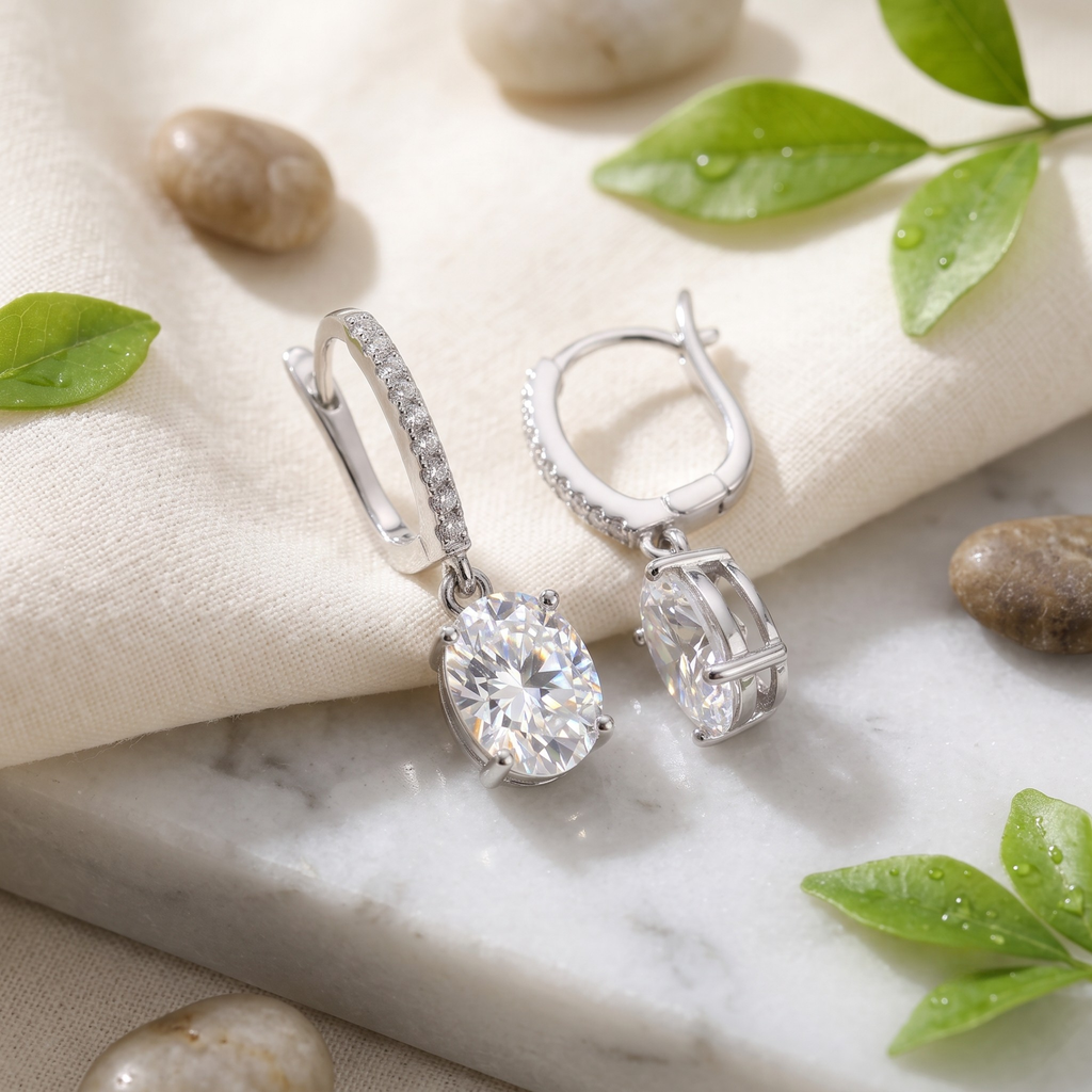 Oval Zircon Latch Back Drop Earrings - 925 Sterling Silver