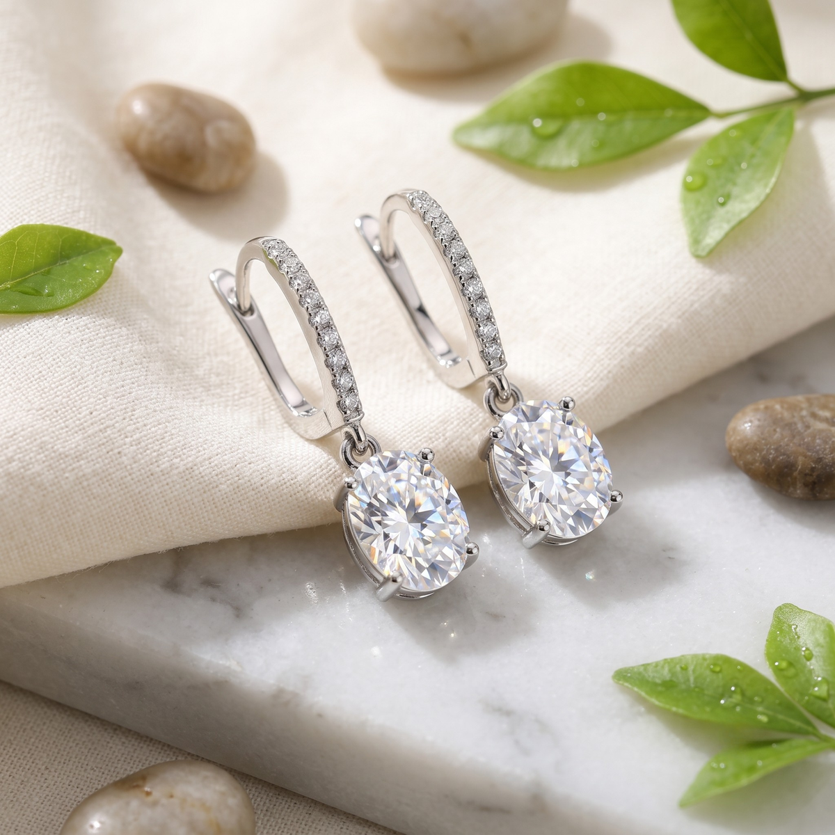 Oval Zircon Latch Back Drop Earrings - 925 Sterling Silver
