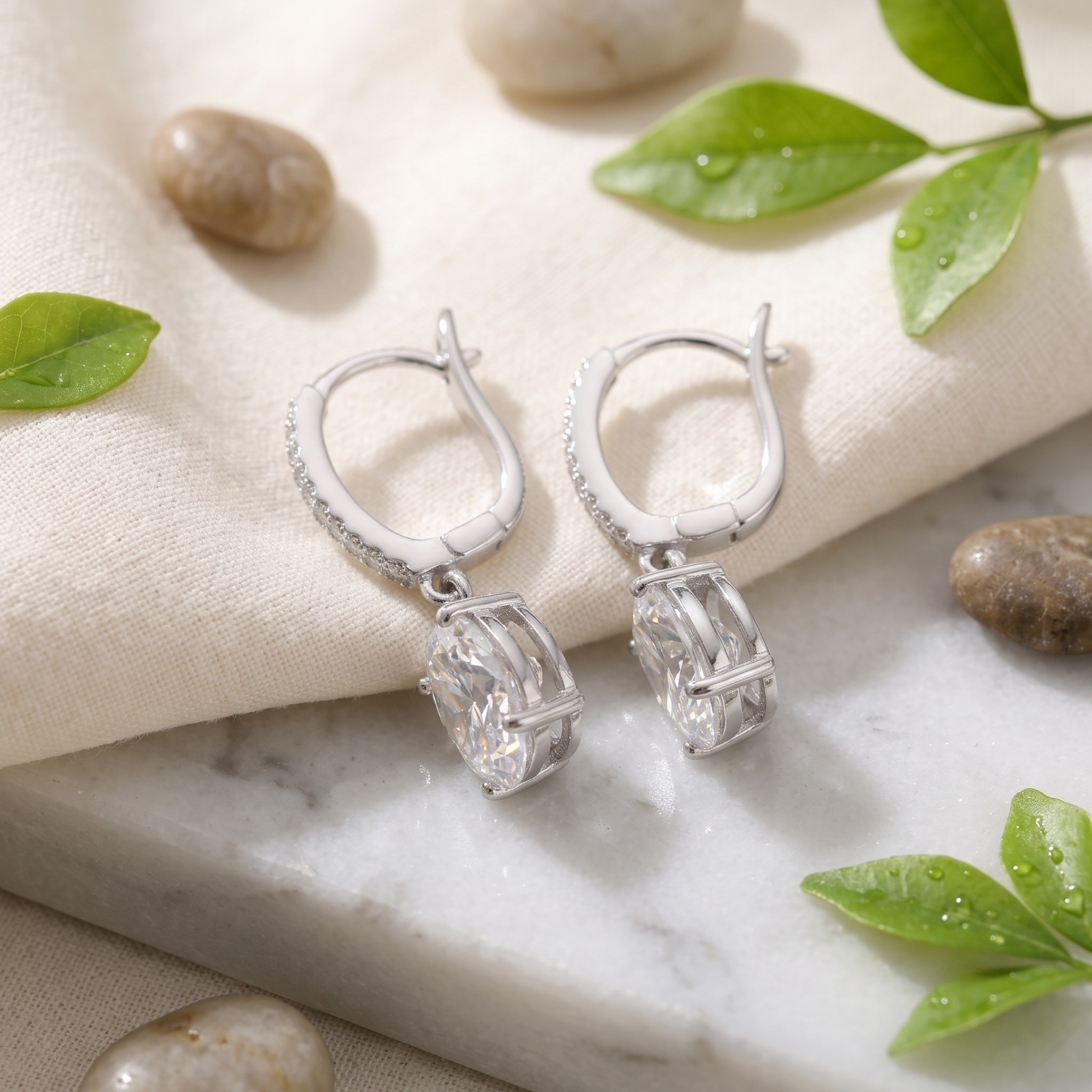 Oval Zircon Latch Back Drop Earrings - 925 Sterling Silver