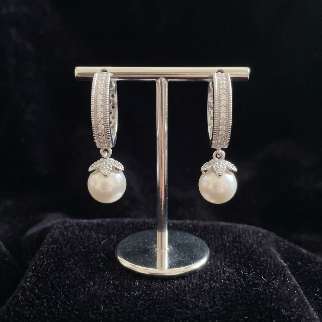 Floral Pave Pearl Drop Huggie Hoops | 925 Sterling Silver