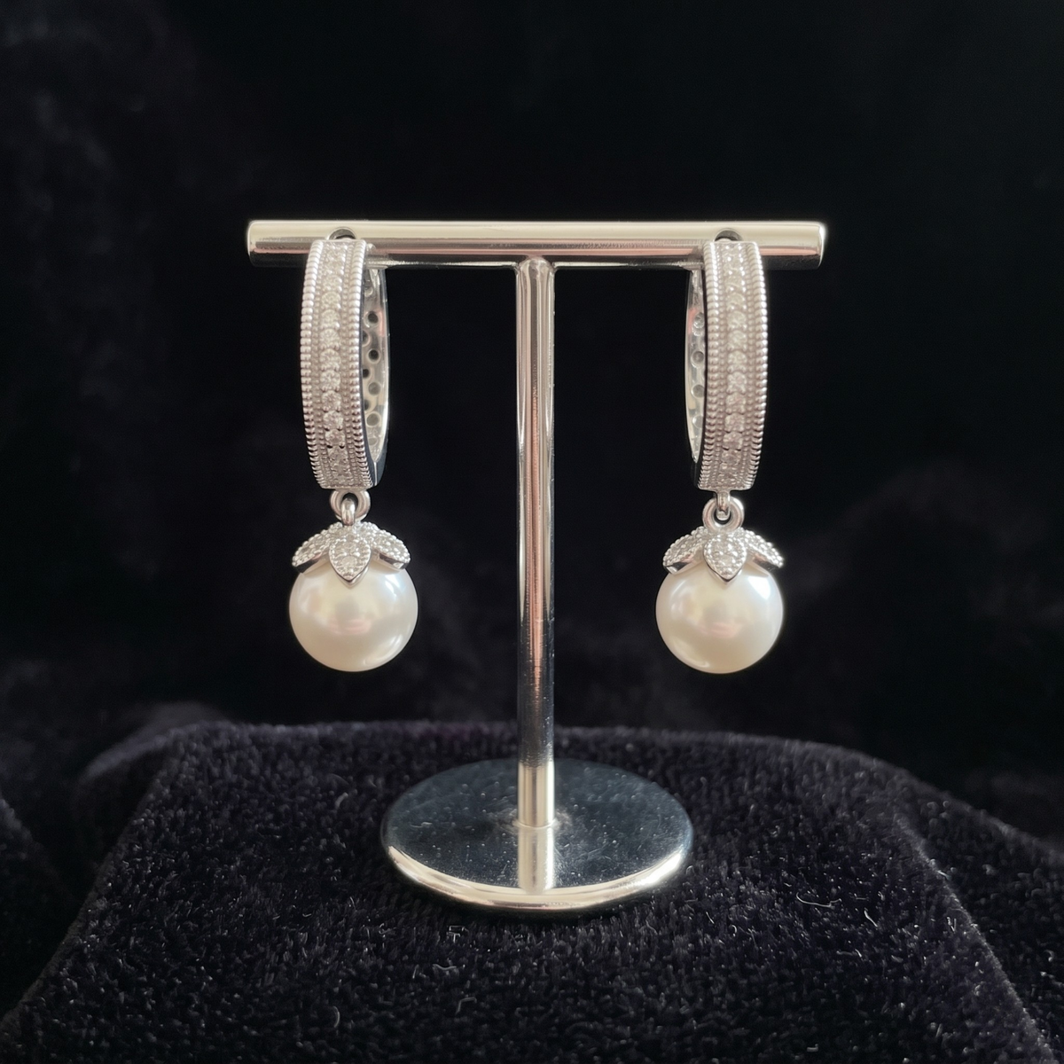 Floral Pave Pearl Drop Huggie Hoops | 925 Sterling Silver