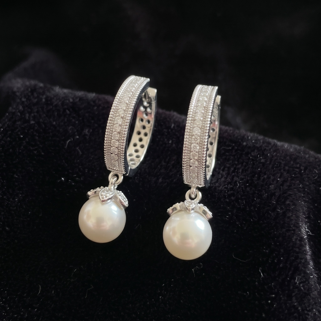 Floral Pave Pearl Drop Huggie Hoops | 925 Sterling Silver