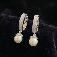 Floral Pave Pearl Drop Huggie Hoops | 925 Sterling Silver