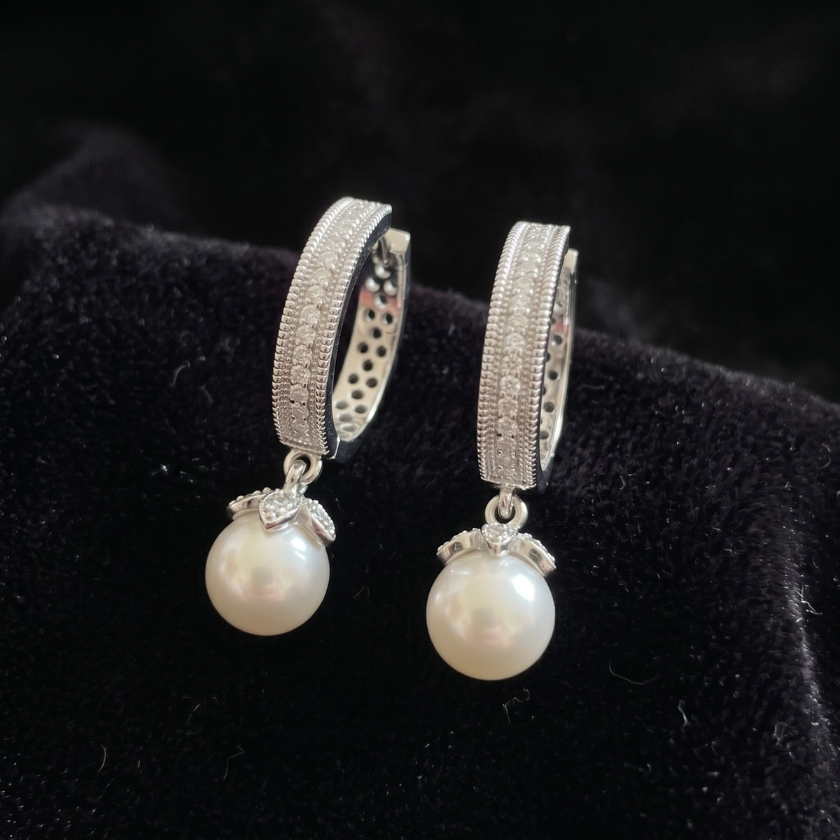 Floral Pave Pearl Drop Huggie Hoops | 925 Sterling Silver