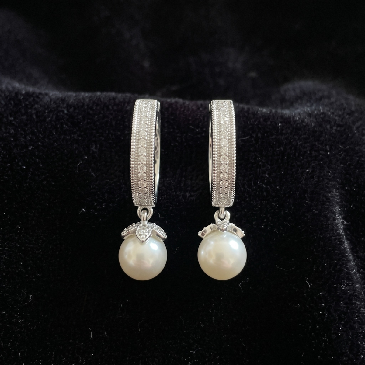 Floral Pave Pearl Drop Huggie Hoops | 925 Sterling Silver