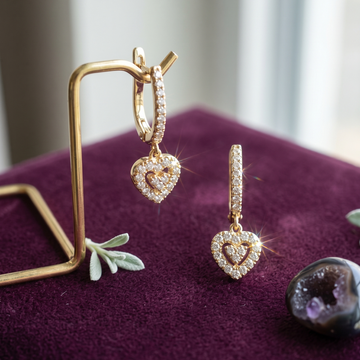 Pavé Heart Drop Hoop Earrings - 925 Sterling Silver