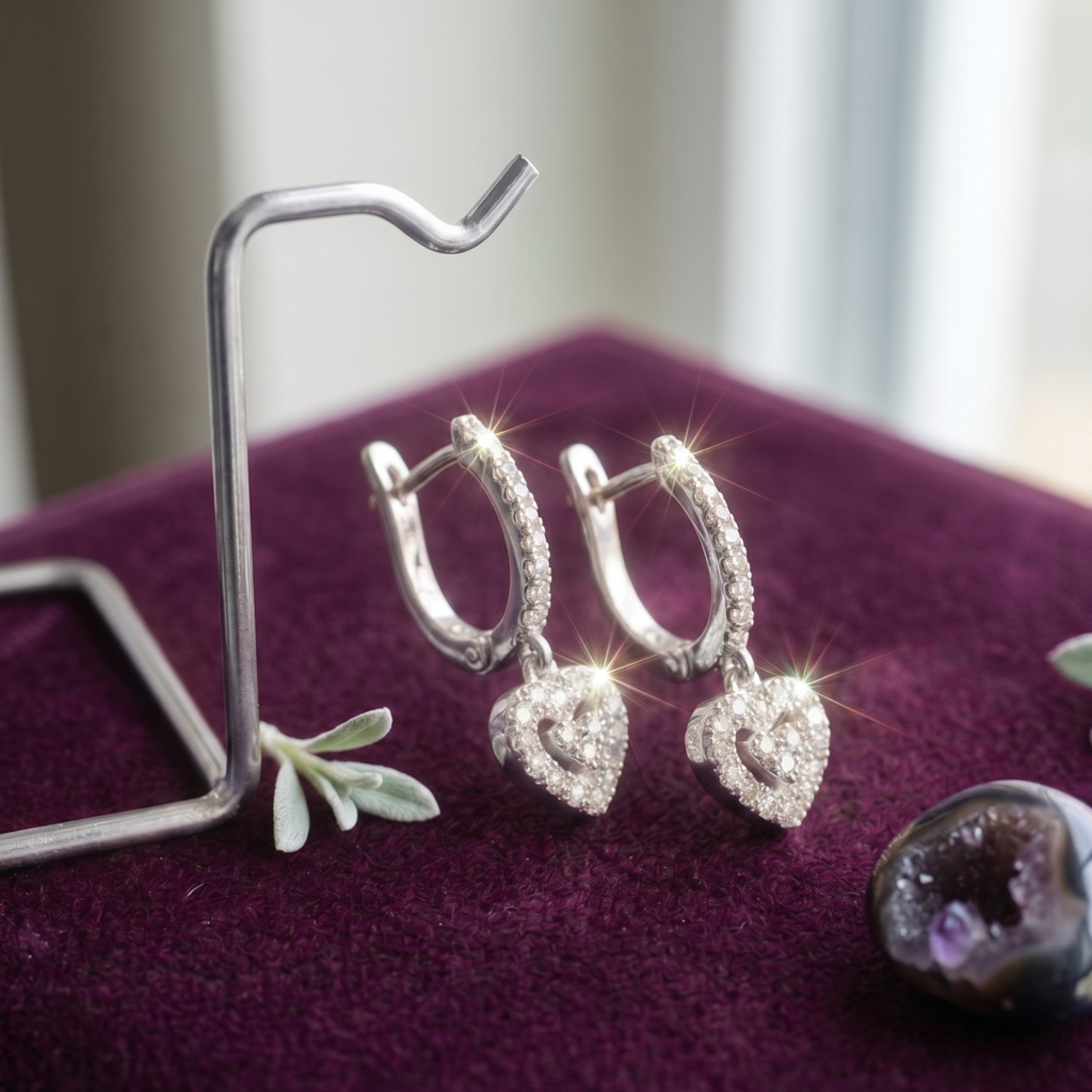 Pavé Heart Drop Hoop Earrings - 925 Sterling Silver