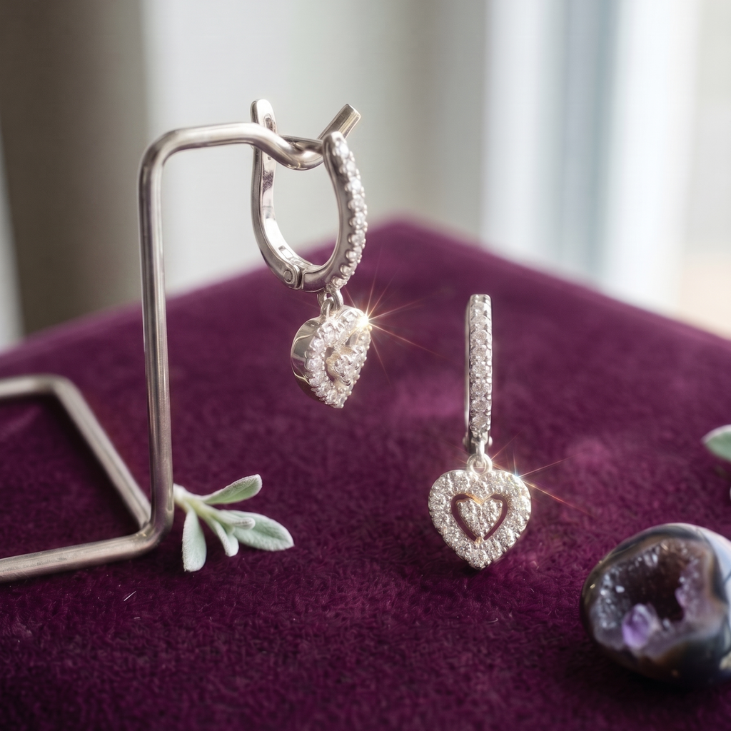 Pavé Heart Drop Hoop Earrings - 925 Sterling Silver