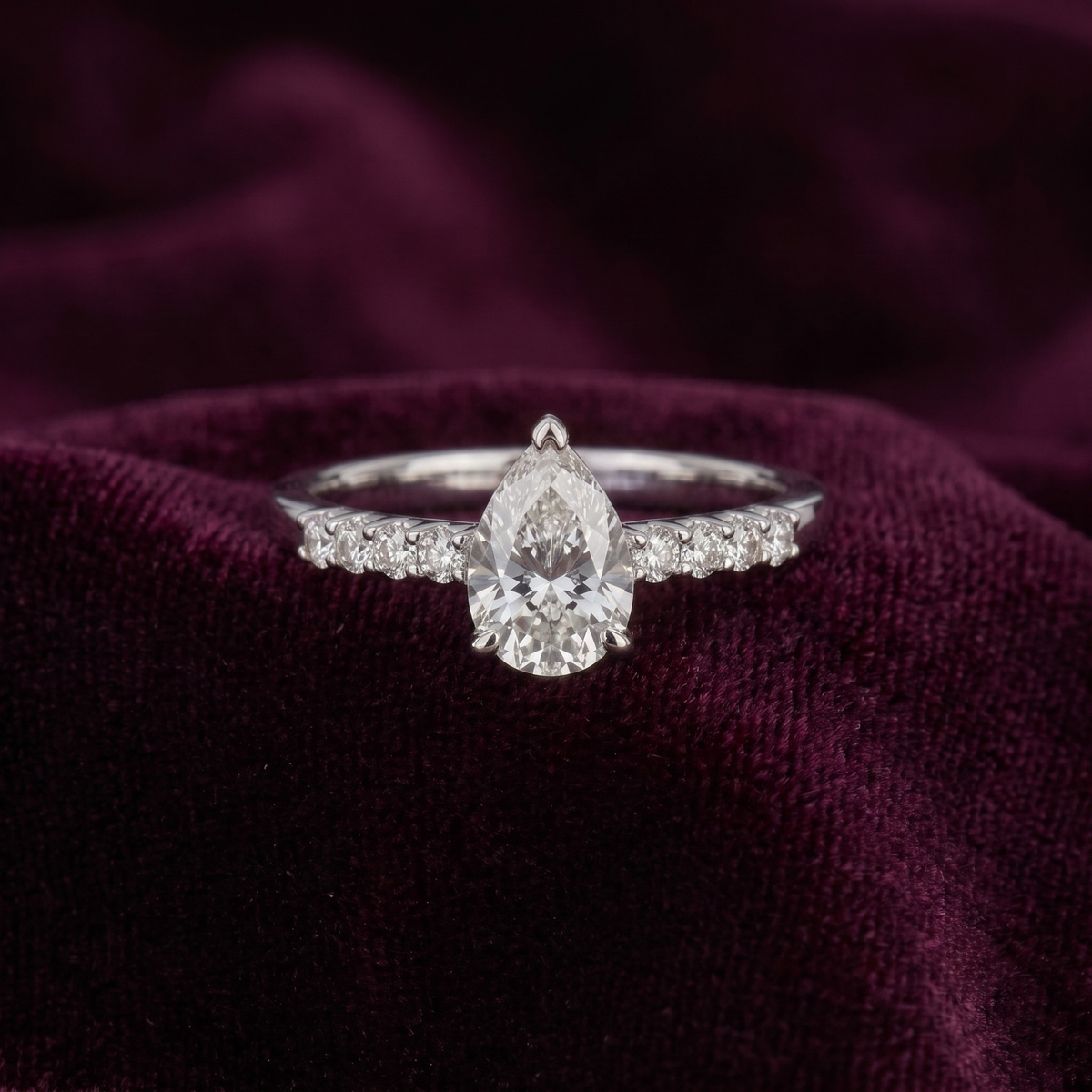 Pear Cut Solitaire Ring with Pavé Band in 925 Sterling Silver