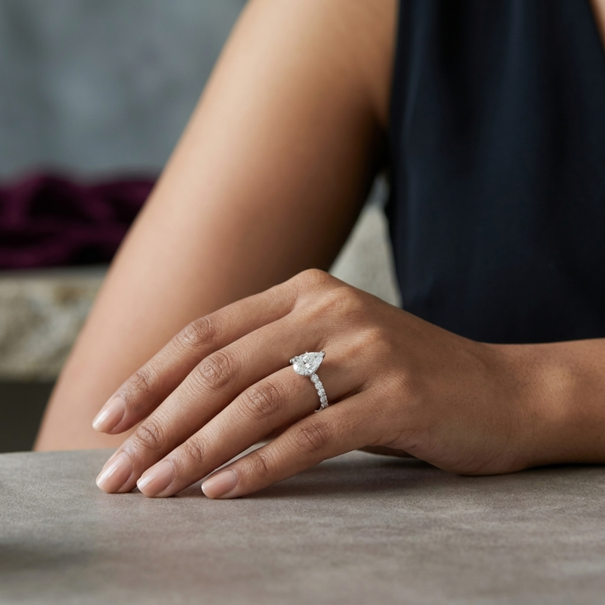 Pear Cut Solitaire Ring with Pavé Band in 925 Sterling Silver