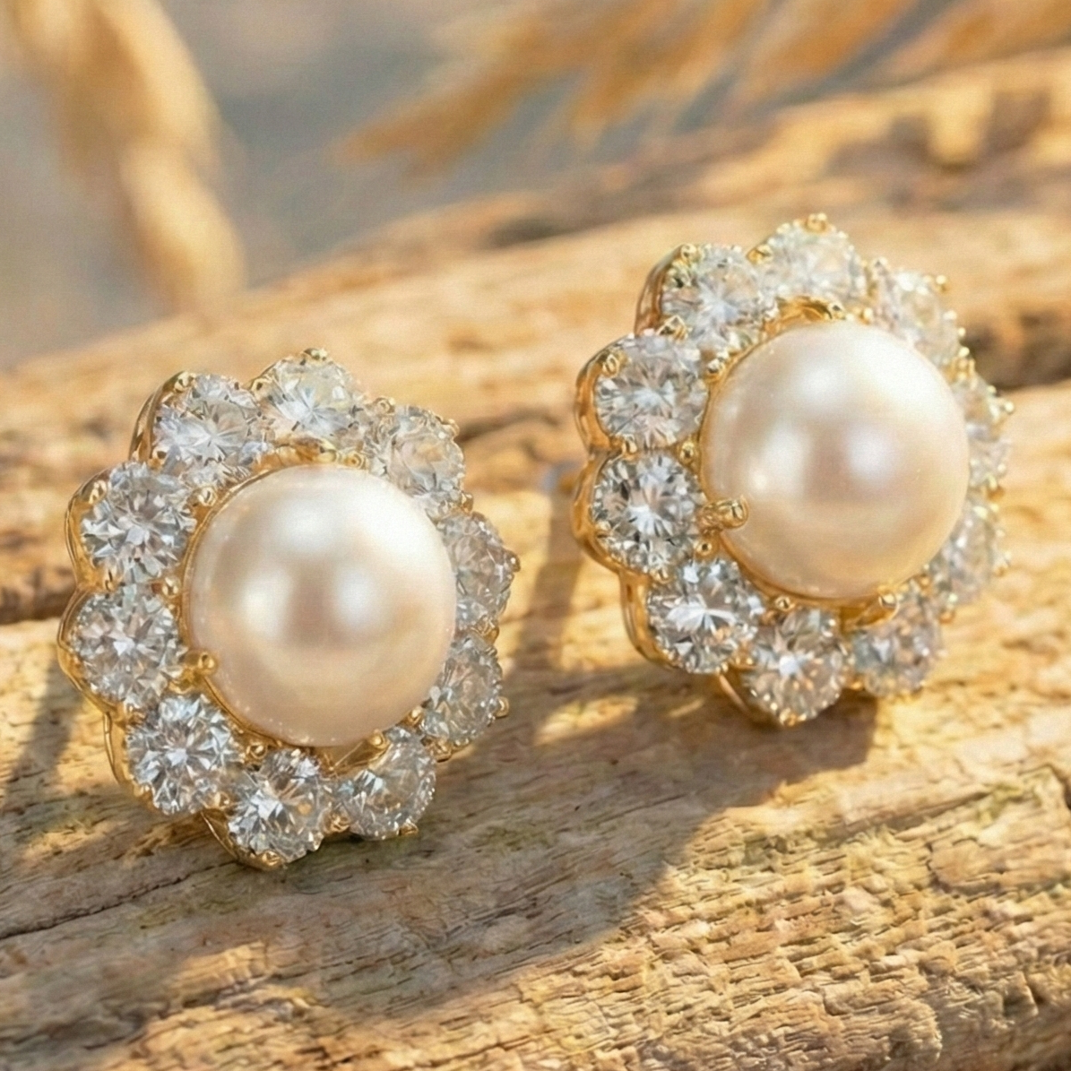 Pearl Bloom Floral Halo Stud Earrings – 925 Sterling Silver