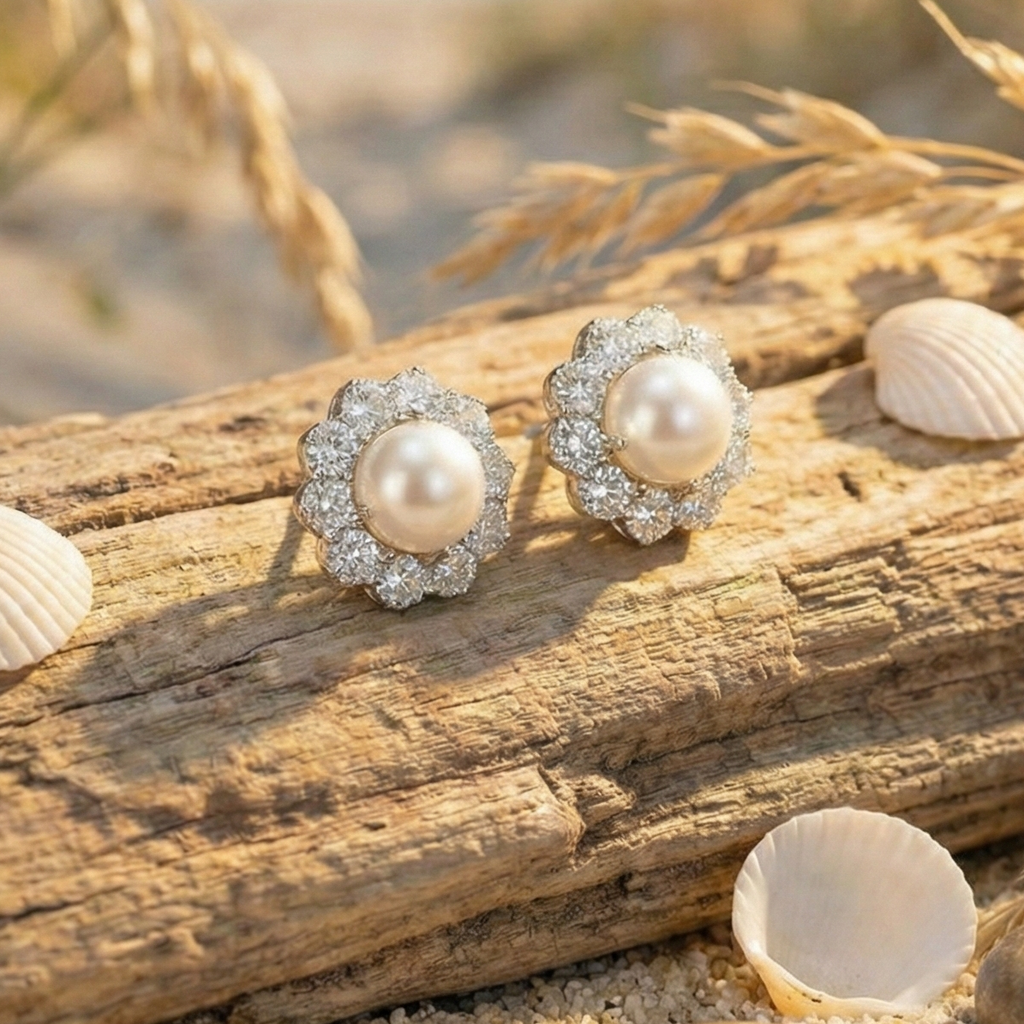 Pearl Bloom Floral Halo Stud Earrings – 925 Sterling Silver