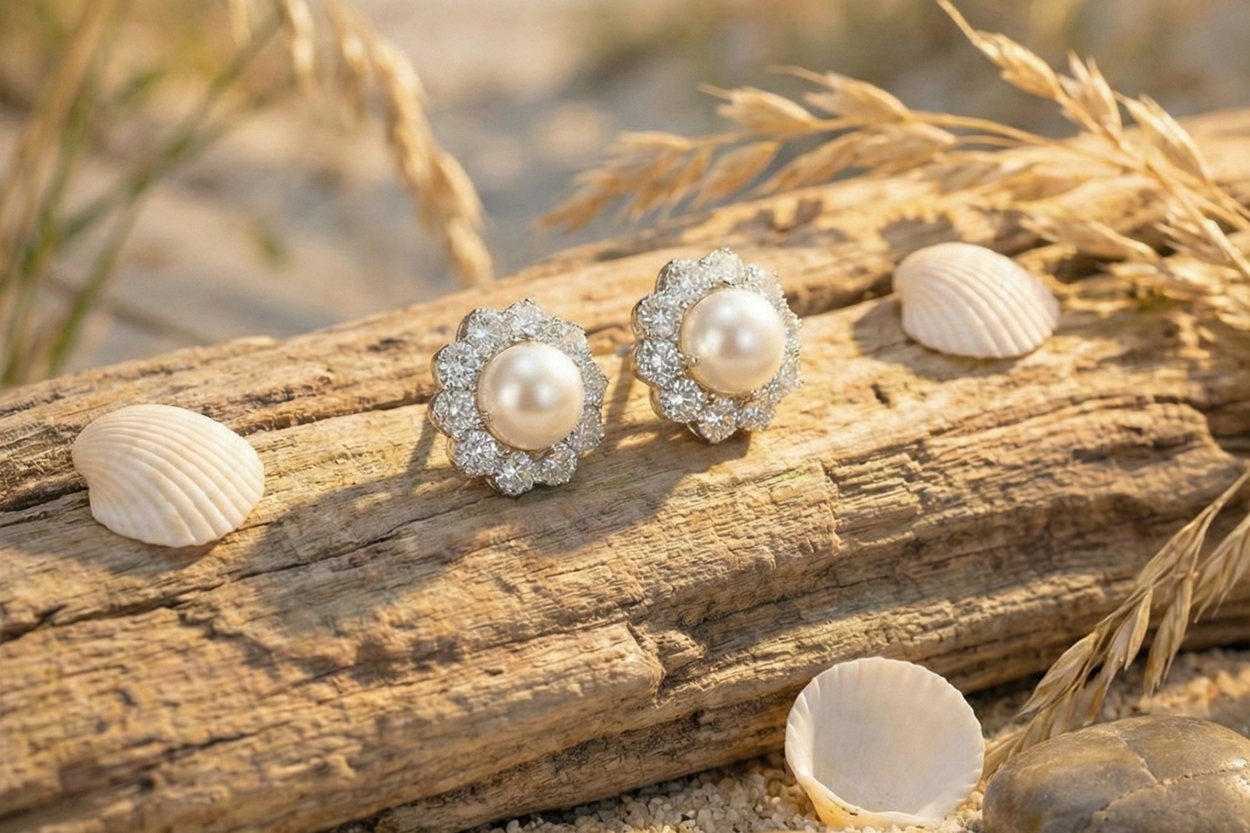 Pearl Bloom Floral Halo Stud Earrings – 925 Sterling Silver
